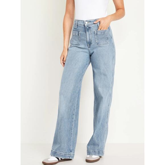 Old Navy Extra High Waisted Trouser Patch Pocket Wide Leg Jeans Blue 12 - Picture 1 of 10
